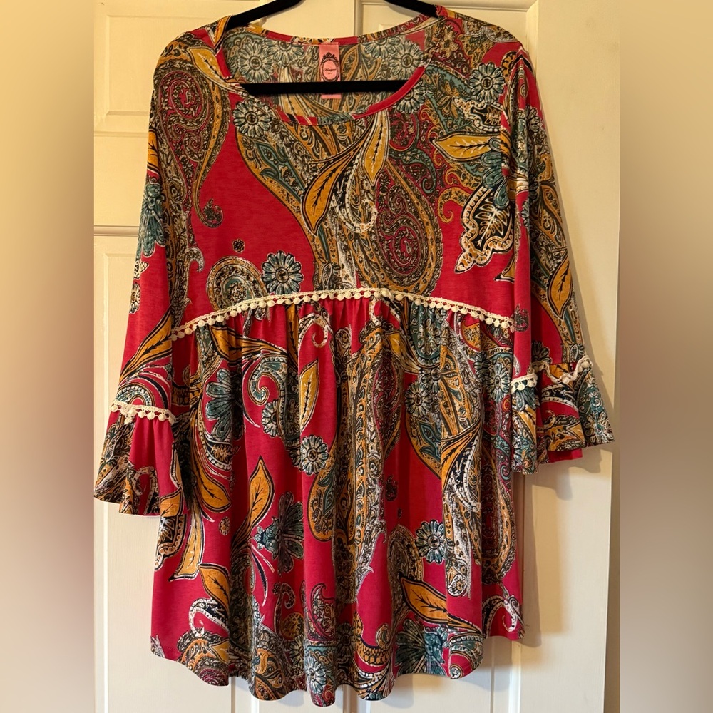 Honeyme Red and Yellow Paisley Tunic with belle sleeves XL curvy